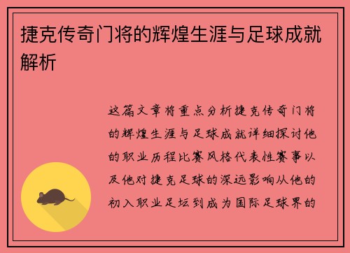 捷克传奇门将的辉煌生涯与足球成就解析